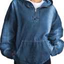 Women's Half Zip Denim Hoodie Pullover Sweatshirt Jean Jacket with Pocket (Medium, Dark Blue)