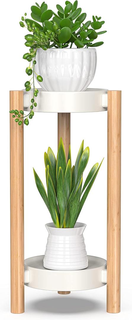 Wisuce Bamboo Plant Stands Indoor, 2 Tier Steel Tray Tall Corner Plant Stand Holder & Plant Display Rack for Outdoor Garden Indoor Home (2 Tier)