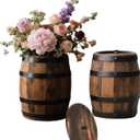2 Pcs Wood Wine Barrel Vase 6" x 5" Rustic Wooden Flower Vase Planter for Wedding Reception, Home Indoor Outdoor Garden, Kitchen, Party Table Decoration