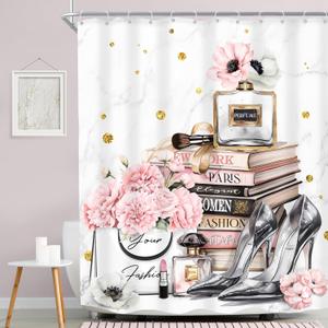 MESHELLY Fashion Pink Shower Curtain 60Wx72H Flower Perfume Girly Curtain for Girls Women White Gray Gold Marble Fabric High Heels Magazine Books Bathroom Decor with 12 Hooks MESHELLY Fashion Pink Shower Curtain 60Wx72H Flower Perfume Girly Curtain for Girls Women White Gray Gold Marble Fabric High Heels Magazine Books Bathroom Decor with 12 Hooks