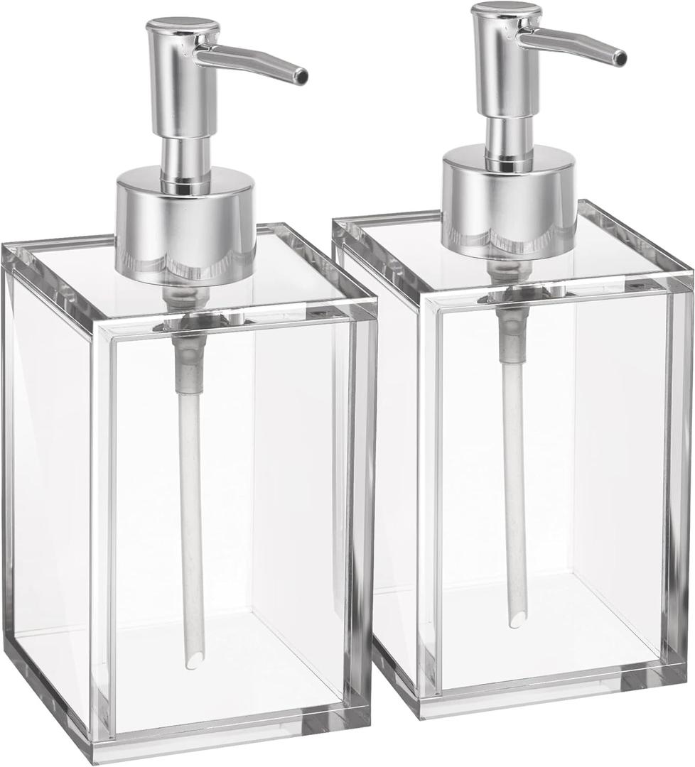 Clear Acrylic Reusable Kitchen & Bathroom Hand Sanitizer Dispenser with Rust Proof Stainless Steel Pump, Square Soap Dispenser Set | 12 oz, 2 Pack