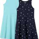 Amazon Essentials Girls and Toddlers' Knit Sleeveless Tank Play Dress, Pack of 2 (X-Large, Aqua Blue/Navy Stars)