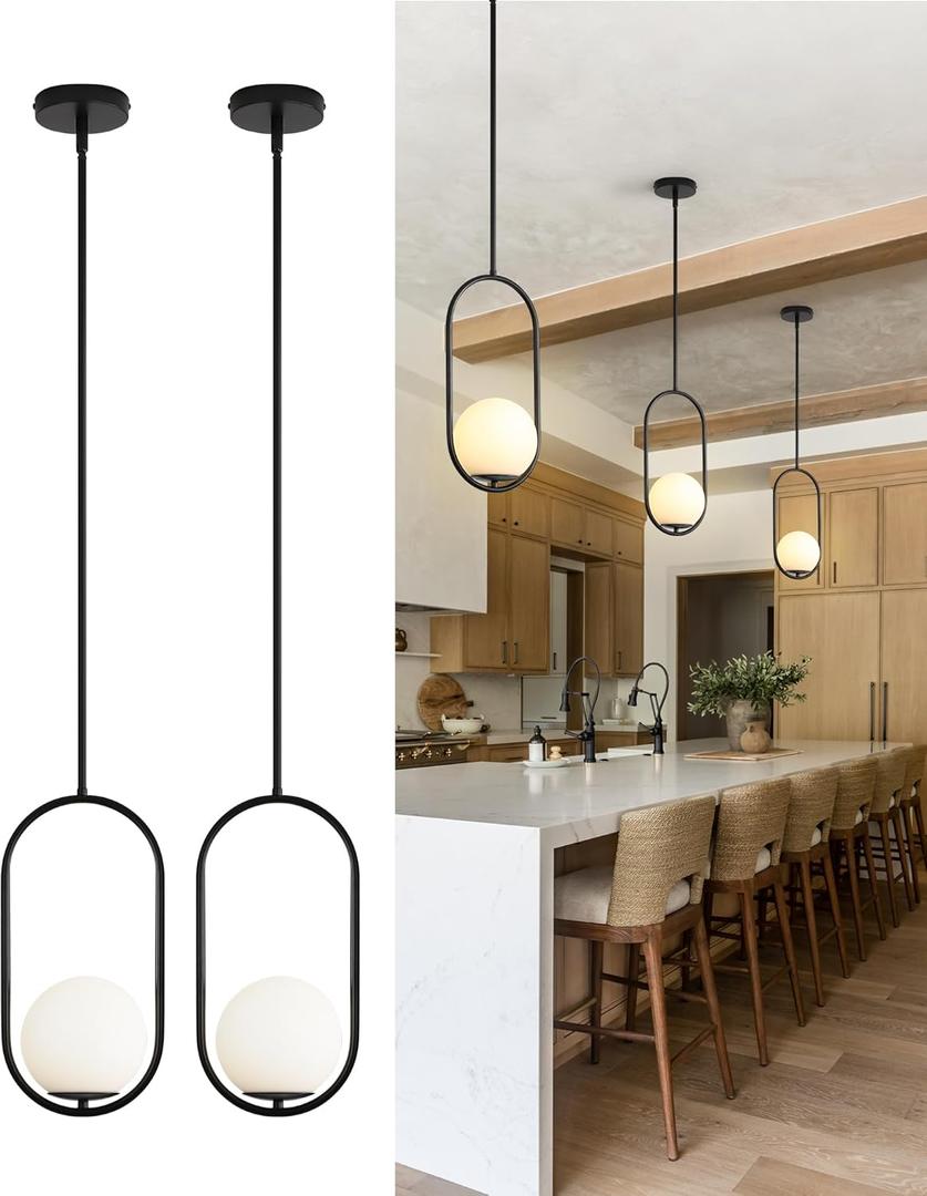 Yunnix Pendant Lights Kitchen Island, Pendant Light Fixtures, 2 Pack Modern Black Globe Glass Pendant Lighting, Mid Century Chandelier One Light for Bathroom Bedroom Dining Room