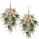 SY Super Bang 2PCS Christmas Decorations, 19Inch Artificial White Berry Front Door/Fireplace Hanging Decorations Include Linen Bow Green Plant, for Home Holiday Wall Party Xmas Decor.