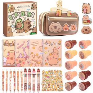 Adorable Capybara Stationery Set, Girls' Stationery Set Includes Pencil Case, Multi-Color Pens, Stickers, Pins, Notebook, Stamps. Perfect Cute Birthday Gift for Kindergarten and Elementary School.