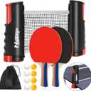 Table Tennis Set with Retractable Net, Portable Ping Pong Paddle Set with 2 Rackets, 8 Balls and Mesh Bag, Easy Setup Table Tennis Kit for Indoor Outdoor, Beginners, Home and Office