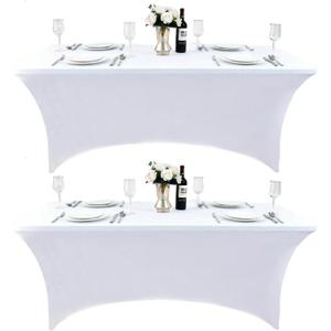 2-Pack 4ft White Spandex Table Covers for Rectangular Folding Tables - Wrinkle Resistant Stretch Tight Table Cloths - Ultimate Fitted Table Protector for Parties, Banquet, and Wedding