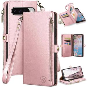 XcaseBar Compatible with Google Pixel 10/10 Pro 6.3" Wallet case with Zipper Credit Card HolderRFID Blocking,Flip Folio Book PU Phone case Shockproof Cover Women Men for Pixel 10 case Rose Gold