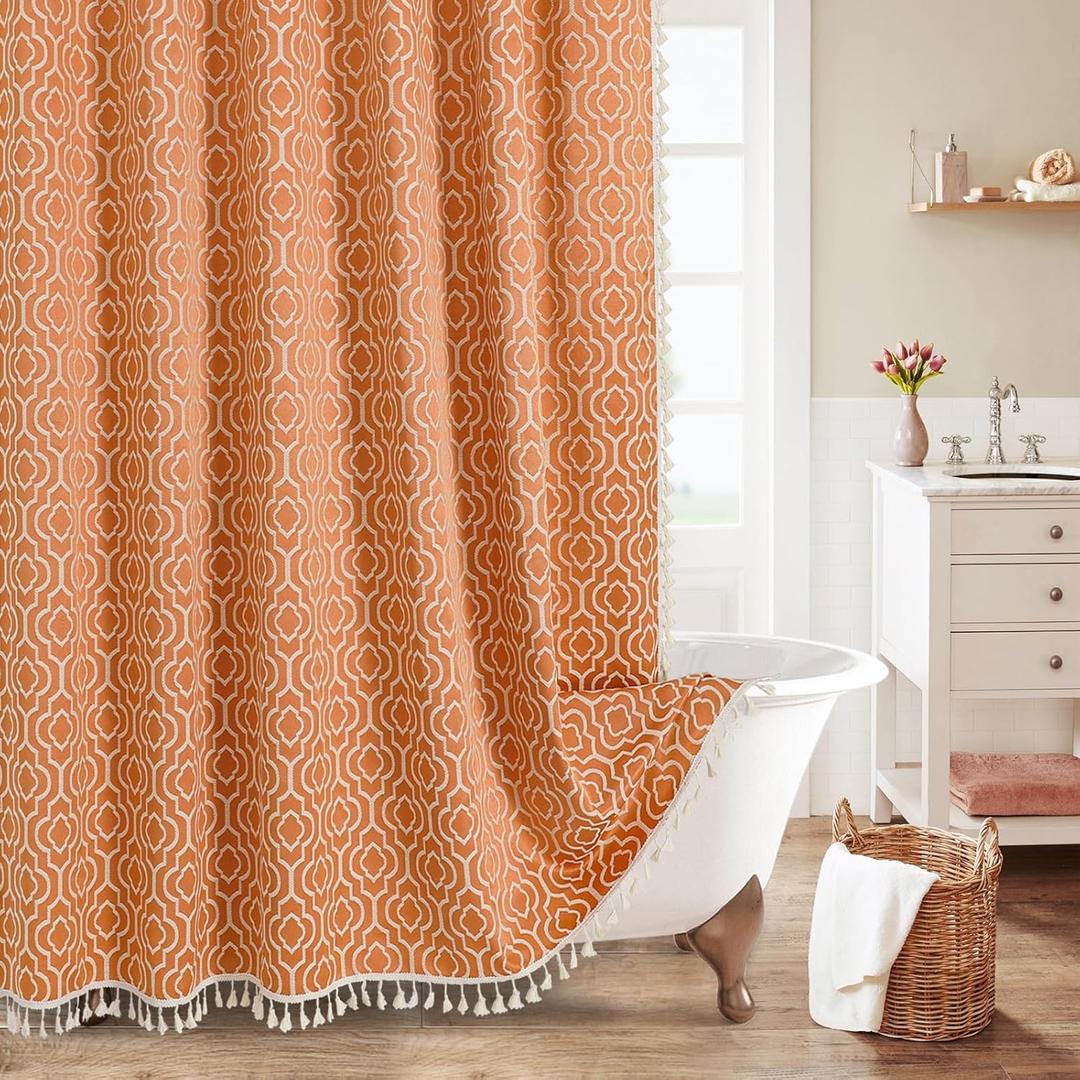 MitoVilla Orange Boho Shower Curtains for Modern Farmhouse Bathroom Decor, Bohemia Geometric Cotton Fabric Shower Curtain, Fall Country Tassel Cloth Shower Curtain, 72 x 72 In