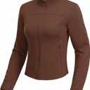 MIER Womens Workout Jackets Full Zip Up Cropped Slim Fit Lightweight Athletic Running Track Gym Tops, Thumb Holes & Pockets (Brown, XL)