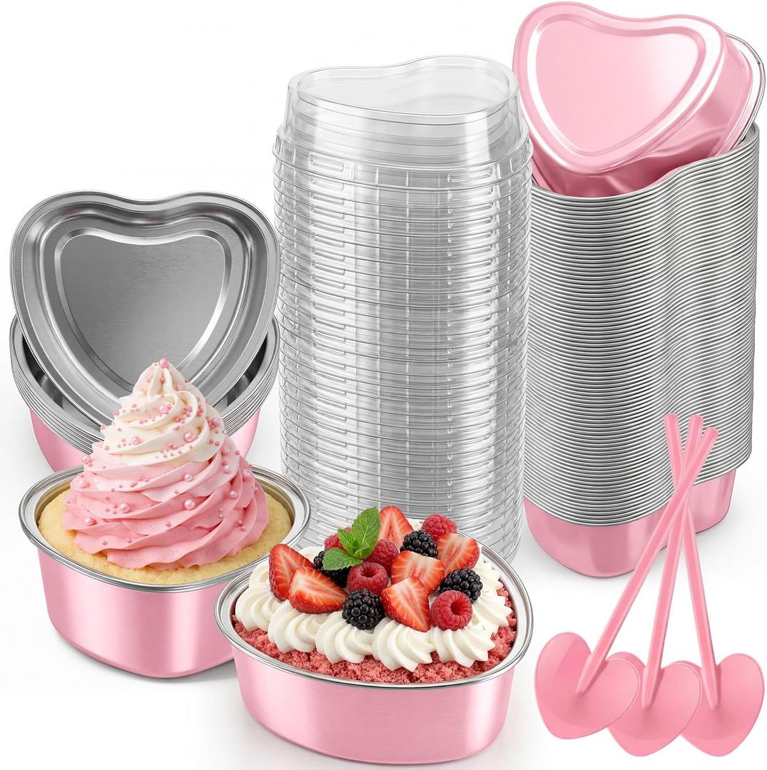 120 Set 3.4 oz Heart Shaped Cake Pans with Lids Spoons for Baking, Aluminum Foil Cupcake Cups, Disposable Mini Plastic Spoons Heart Containers for Valentine's Day Wedding Birthday Party (Pink)