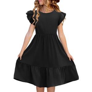 Haloumoning Girls Dresses Kids Summer Double Layer Ruffle Sleeve Dress 5-14 Years (7-8 Years, Black)