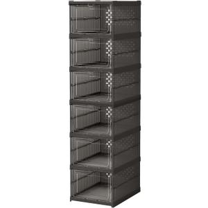 Large Shoe Storage Box, 6-Tier Folding Shoe Rack with Clear Door, Plastic Shoe Container with Lid, Stackable Shoe Organizer for Closet, Entryway, Room, Smoky Gray, 6 Pairs (Smoky Gray)