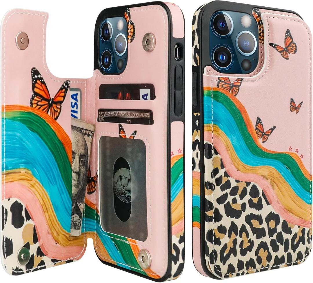 HAOPINSH for iPhone 12/12 Pro Wallet Case with Card Holder, Butterfly Leopard Cheetah Print Back Flip Folio PU Leather Kickstand Card Slots Case for Women Girls, Double Magnetic Shockproof 6.1"