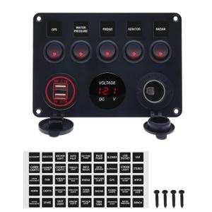 5 Gang Marine Toggle Switches Waterproof Rocker Switch Panel for Boat with 4.2A Dual USB Charger Cigarette Lighter Socket Digital Voltmeter for RV Car Vehicles Truck (Red)