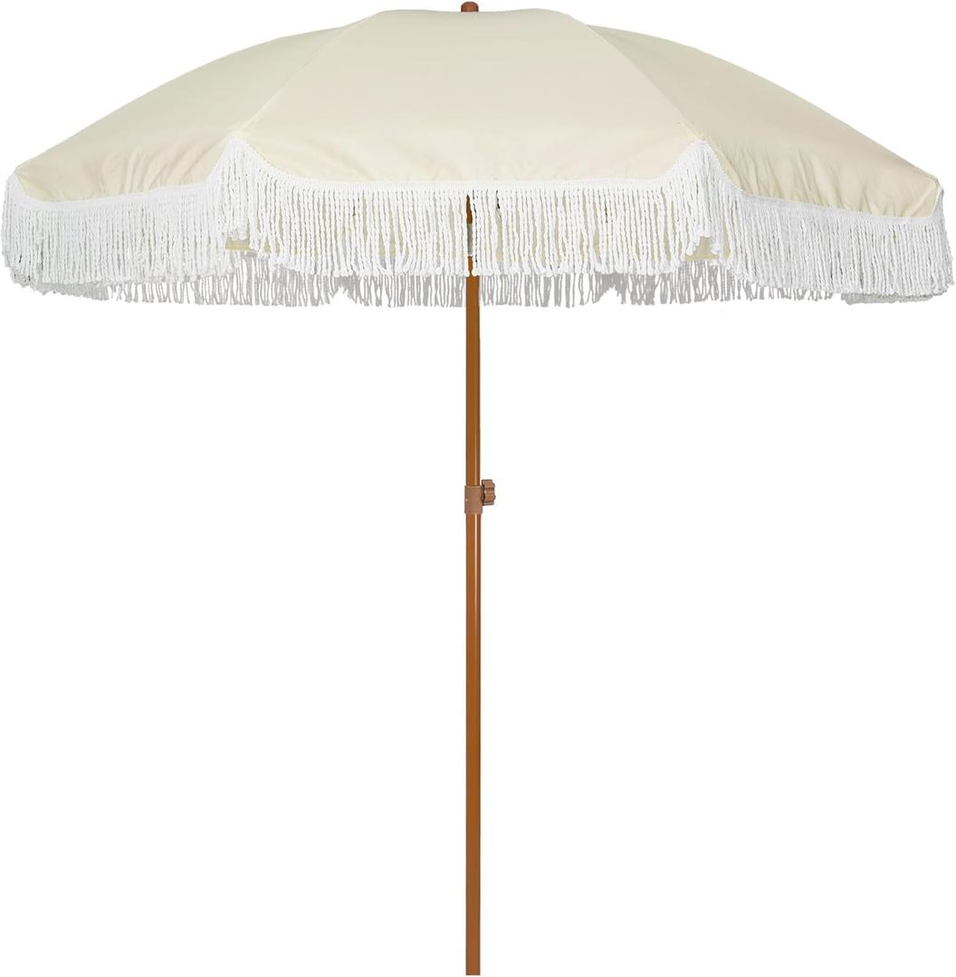 AMMSUN 7ft Patio Umbrella with Fringe Outdoor Tassel Umbrella UPF50+ Premium Steel Pole and Ribs Push Button Tilt, Light Beige