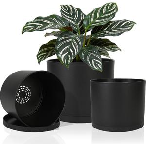 GARDIFE 10/9/8 Inch Modern Cylinder Planter, Plant Pots for Indoor Outdoor Plants, Flower Pots with Drainage Holes and Saucers for Garden Succulent Nursery House Plants (Black)