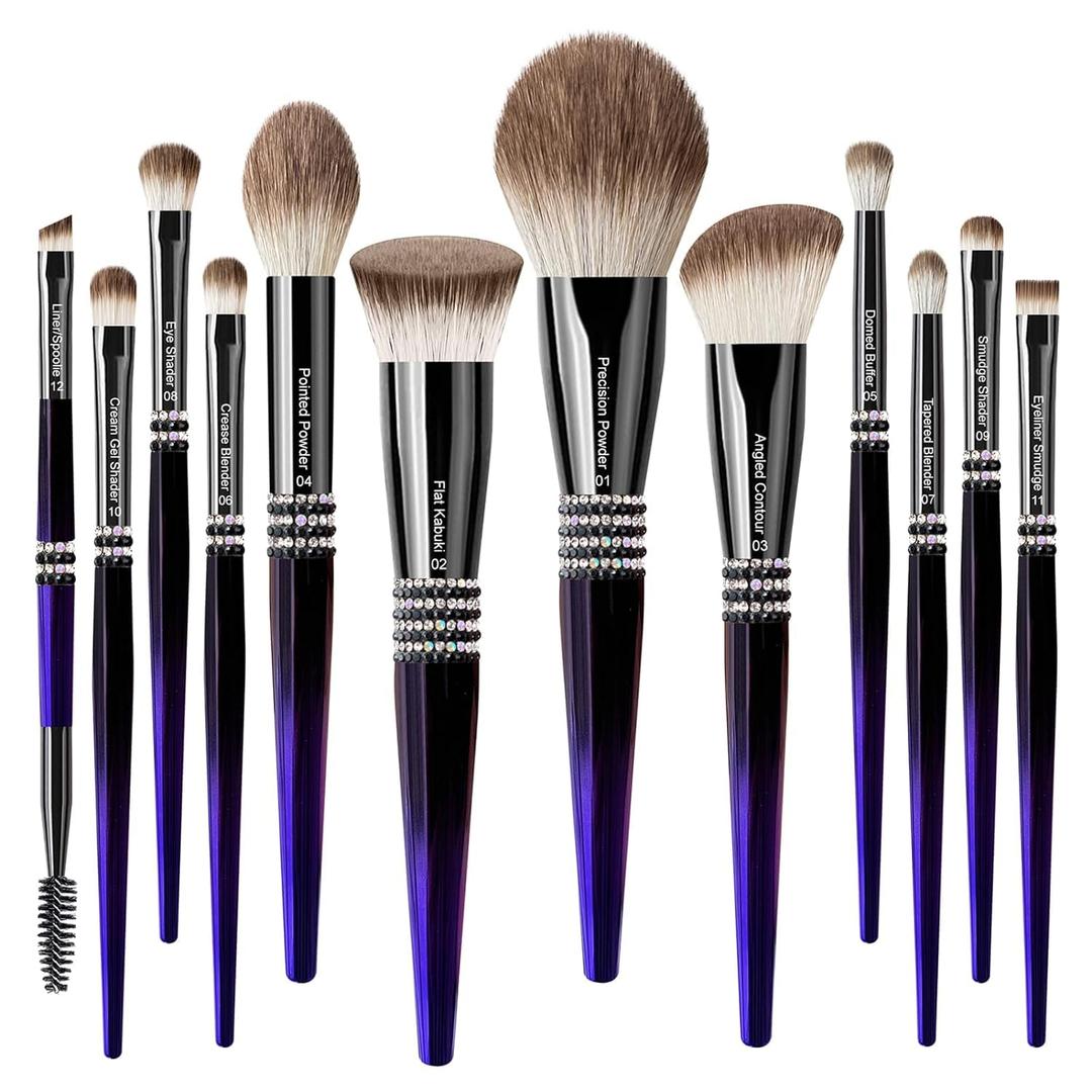 Bueart Design 16Pcs ULTRA SOFT Labeled Pro Makeup Brushes Set with Foundations Powder Blush Concealer Blending Eyeshadow Contour Brush (12Pcs Black Rose Blue)
