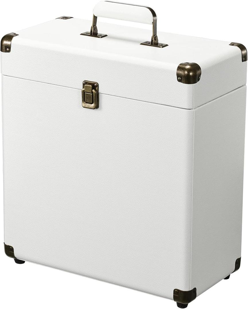 Costravio Vinyl Record Storage Record Holder Display Box Album Storage Moving Boxes Holds 30+ Valuable Records 7/10/12 Inch Record Crates Vinyl Organizer for Journey White