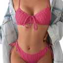 SweatyRocks Women's Ribbed High Cut Bikini Set Bow Tie Side String 2 Piece Swimsuit Bathing Suit Red, Medium