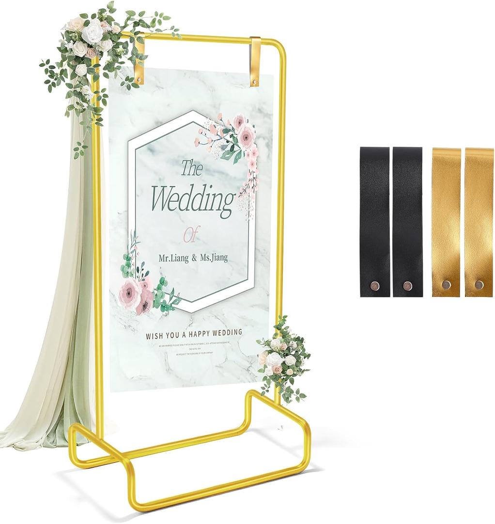 Wedding Sign Holder, 68x32x16.5 Adjustable Welcome Wedding Sign Stand with Leather Sign Hanging Straps, Sign Rack,Heavy Duty Easel Stand for Sign, Wedding Seating Chart Stand, Easel for Display (Bling Gold)