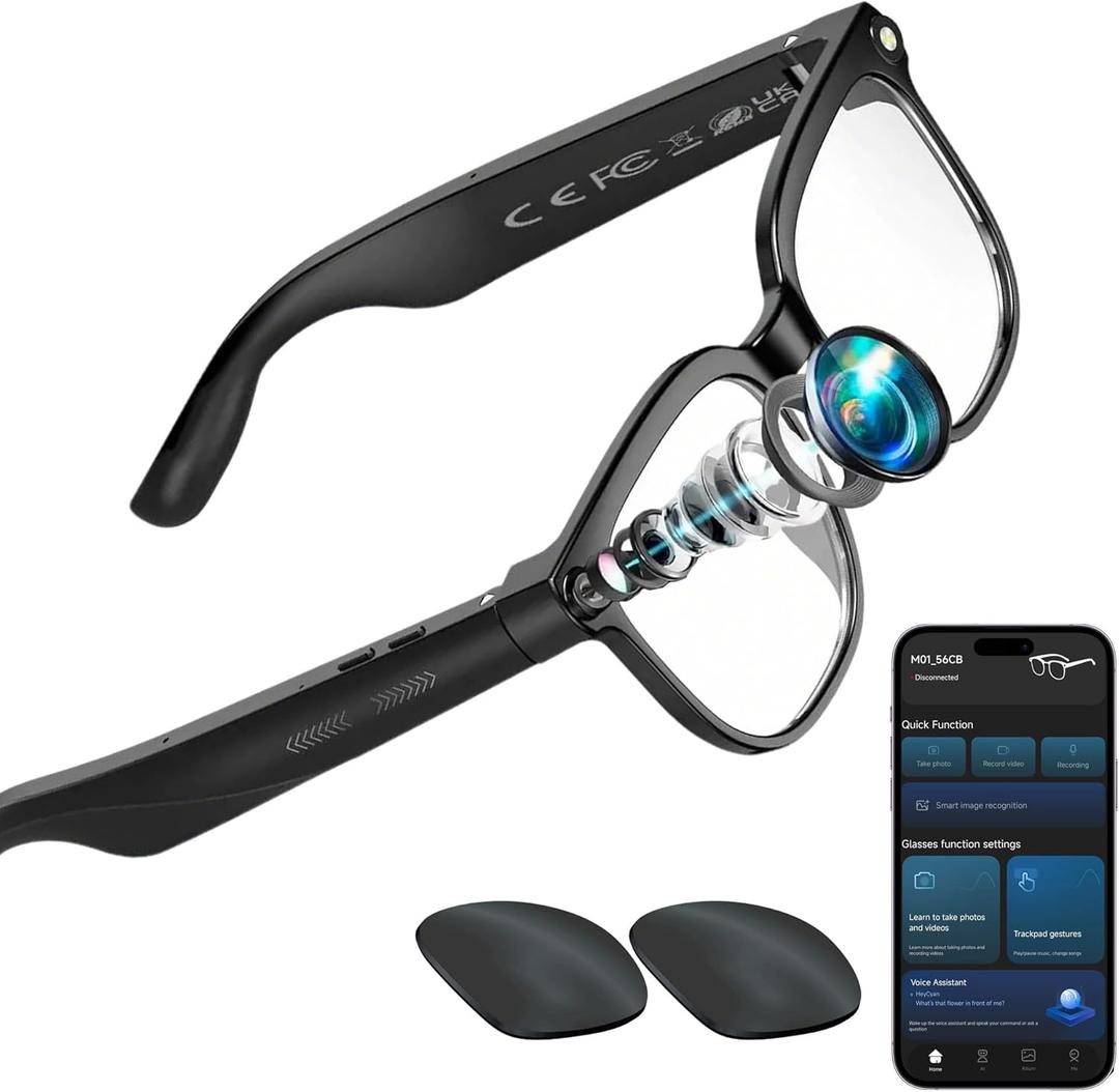 AI Smart Glasses with Camera  1080P HD Video & Audio, Real-Time Translation, ChatGPT Assistant, Bluetooth Smart Sunglasses with Noise Reduction, Prescription Lenses Compatible