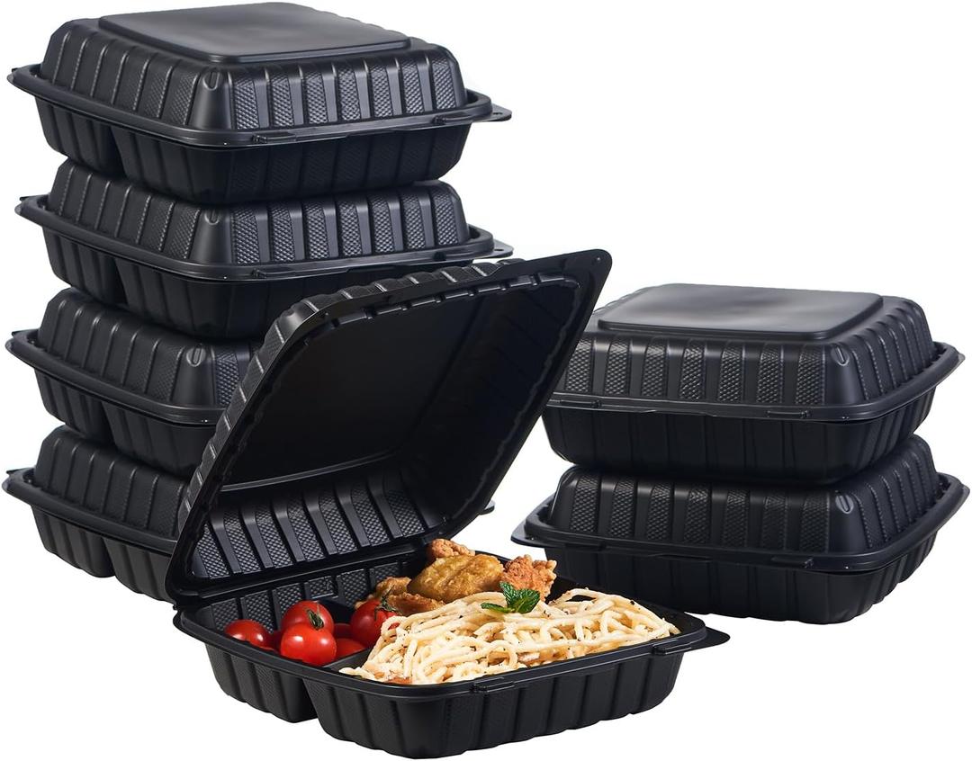 Jaluxing 9X9 3-Compartment 50-Pack Plastic Clamshell Takeout Food Trays Heavy Duty Togo Disposable Box For Pasta Salad Sandwich Carryout Hinged Containers With Secure Snap Lid (Formerly FULING)