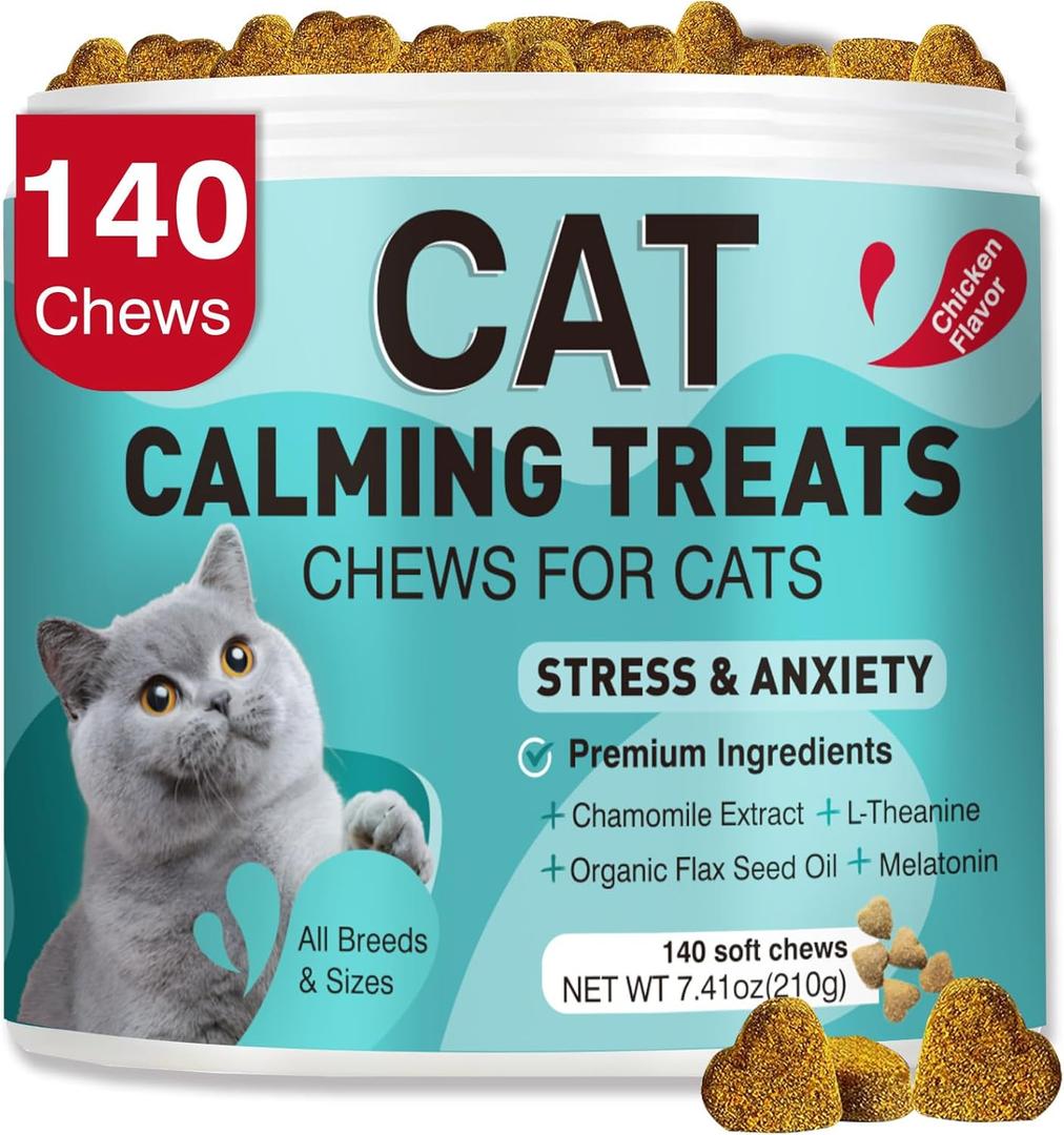 Cat Calming Treats, 140 Soft Chews to Relieve Anxiety, Stress & Prevent Bites, Perfect for Travel & Veterinary Visits, Soothing Calming Care