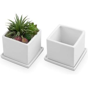 MyGift Modern White Ceramic Small Plant Pot, Decorative Square Flower Succulent Planter, Set of 2