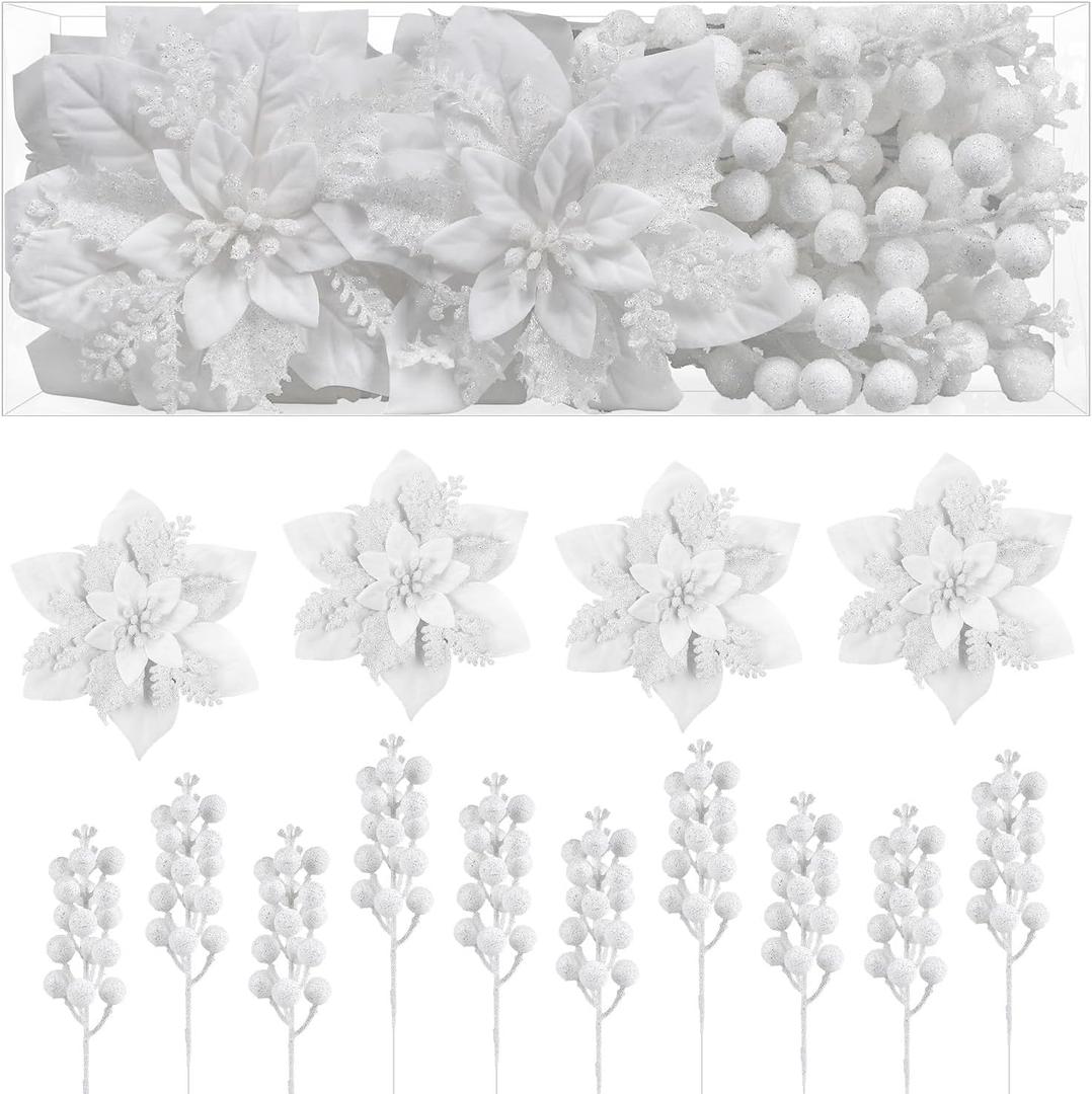 Alupssuc 24 Pieces Christmas Tree Decorations, 12 PCS White Poinsettia Flowers Artificial and 12 PCS Glitter Christmas Tree Picks for Christmas Decorations Party Wreath Fireplace Stairs, White