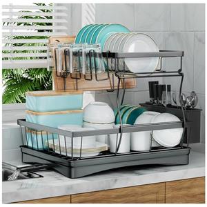 7 code Large Dish Drying Rack for Kitchen Counter, Detachable Large Capacity Dish Drainer Organizer, 2-Tier Dish Racks with Utensil Holder, Black