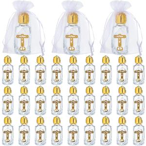 30 Set Holy Water Bottles Catholic Bulk 0.5 Floz Small Embossed Glass Gold Empty Holy Water Bottle with Cross Organza Bag Spiritual Favor for First Communion Church Baptism Party(Catholic)