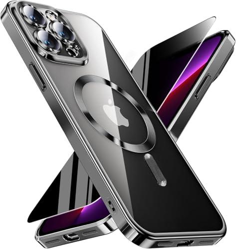 WEYNRBOX Magnetic for iPhone 13 Pro Max Case with Privacy Screen Protector & Full Camera Cover,[Non-Yellowing] Plating Glossy Soft Shockproof Clear Phone Case Women Girls for 13 ProMax,Black