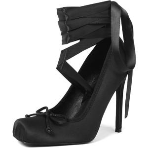 Oiamenne Women's Satin Ballerina Stiletto-Heels for Wedding and Dressy (8.5, Black)