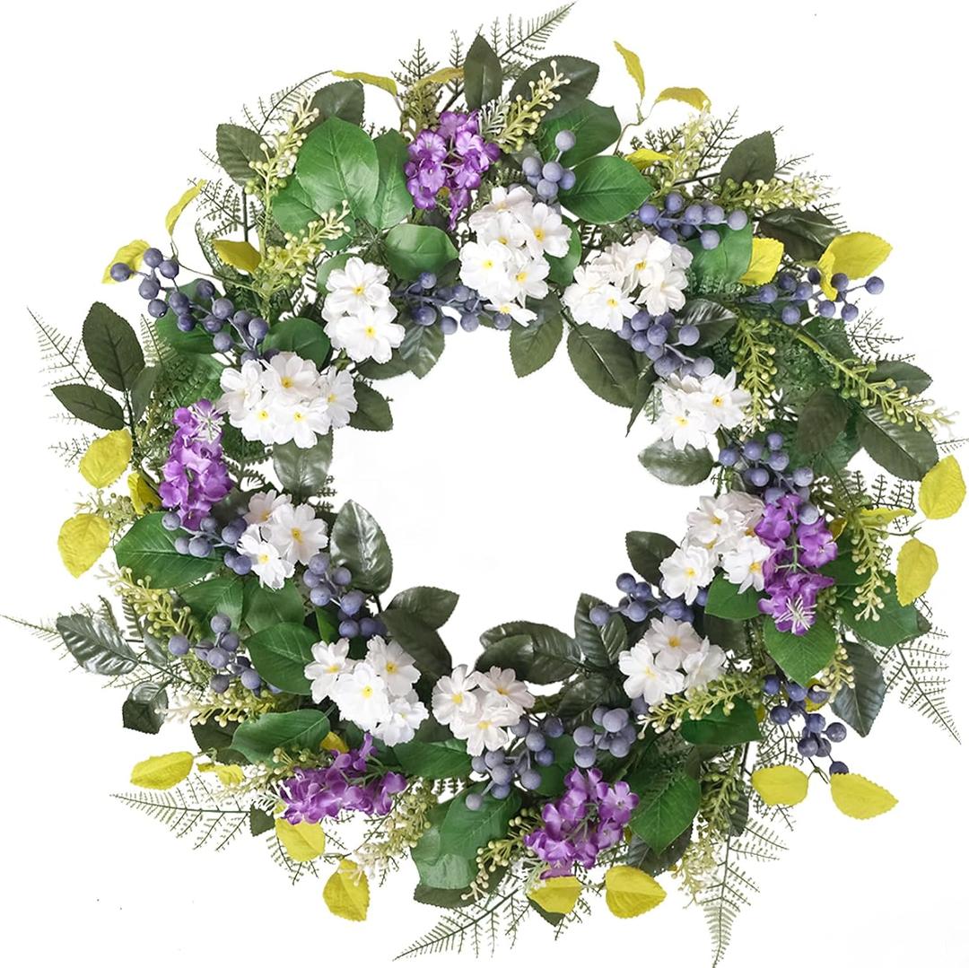 Idyllic 24 Inch Spring Summer Wreath for Front Door - Artificial Blueberry Bunch Wreath with White Purple Flowers Floral Decor for Window Mantel Wedding Indoor Outdoor Home Decoration