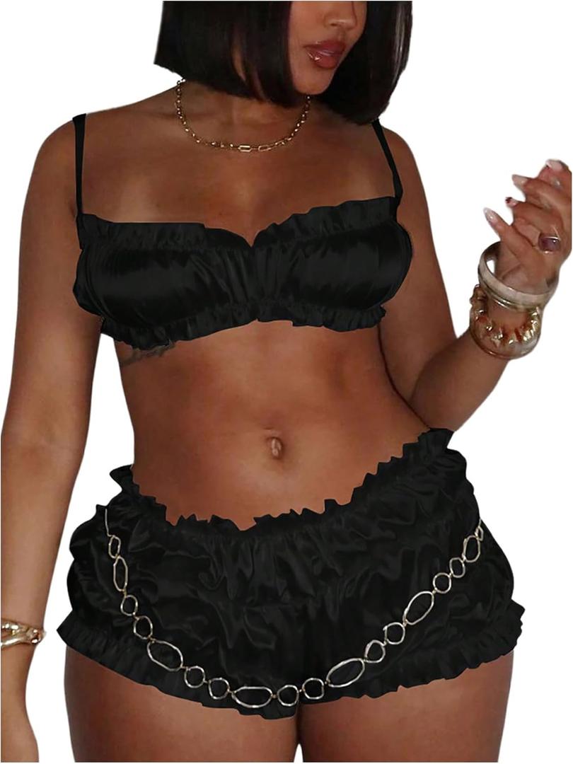 SweatyRocks Women's 2 Piece Outfits Ruched Crop Cami Top and Ruffle Shorts Set Streetwear (Medium, Black) SweatyRocks Women's 2 Piece Outfits Ruched Crop Cami Top and Ruffle Shorts Set Streetwear (Medium, Black)