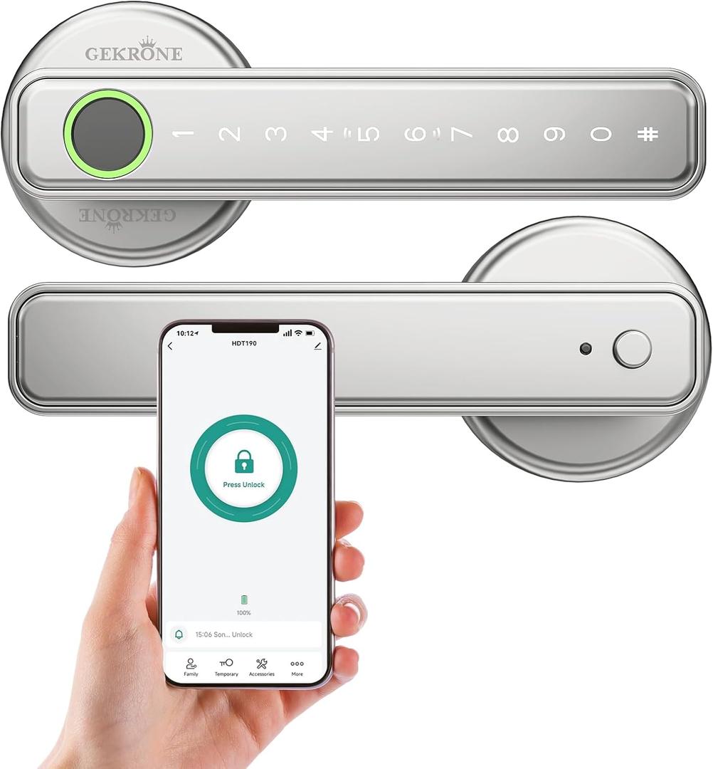 Fingerprint Smart Lever Lock TUYA APP Control Keyless Entry Bluetooth Touchscreen Indoor Handle Biometric Electronic Digital Door Knob with Keypad Suitable for Hotel Office Apartment Bedroom (Silver 2)