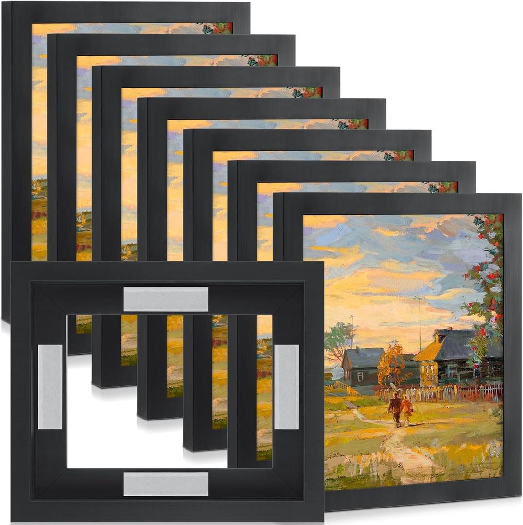 Qunclay 4 Pcs 8 x 10 Inch Canvas Floating Frame Black Floater Frames for Canvas Painting Wood Vertical and Horizontal Wall Hanging Frame with Adhesive Strips for Prints Oil Painting Diamond Decor