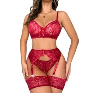SNATROY Women's Lingerie Lace Sexy Bra and Panty Sets Two Piece Garter Lingerie Set Boudoir Outfits (Wine Red, XX-Large)