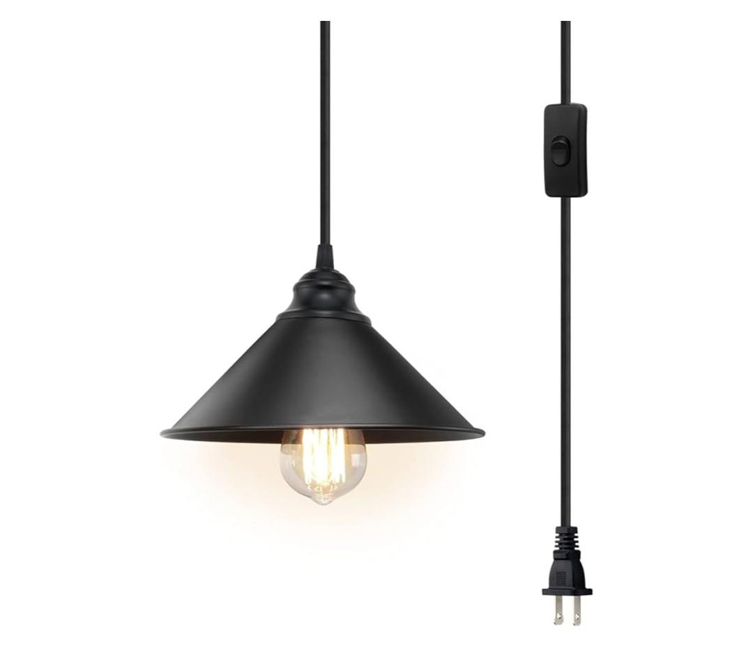 Plug in Pendant Light, Industrial Hanging Light with Plugin Cord On/Off Switch, Farmhouse Pendant Lights with Plug-in Cord, Vintage PendantLight Fixture, Hanging Lamps