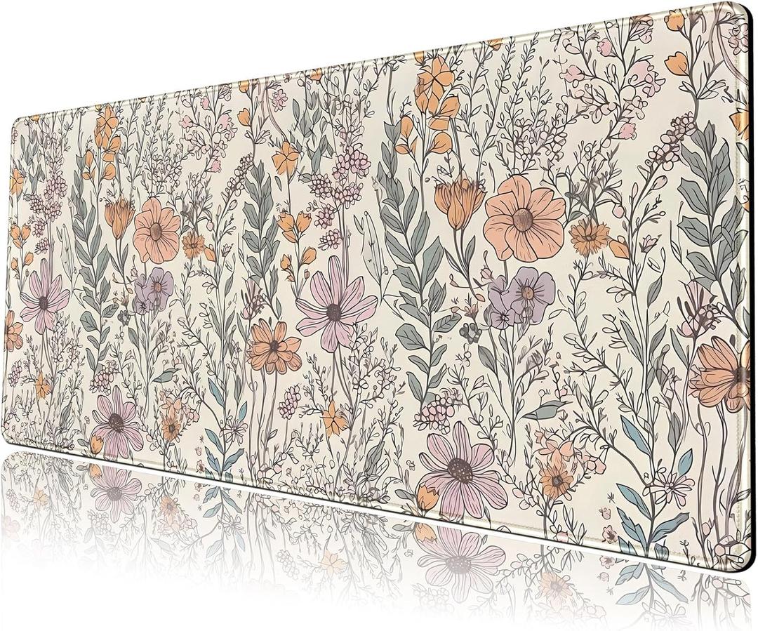 Floral Desk Mat Cute Wildflowers Large Mouse Pad Extended Plant Gaming Mousepad XL Keyboard Mouse Mat Nature Botanical Aesthetic Desk Pad 31.5"x11.8" for Work Office Desk Decor Gifts