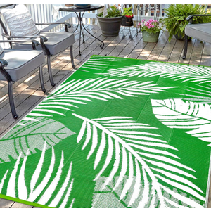 Waterproof Outdoor Rug 8x10ft, Green Leaf Reversible Plastic Straw Mat for Patio RV Deck Porch Backyard Balcony Camping Picnic Beach Indoor Outdoor Carpet, Green&White