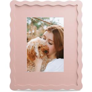 8x10 Picture Frame with Mat for 5x7, Wavy Edge Wooden Real Glass Photo Frame for Tabletop and Wall Hanging, Pink, 1 Pack