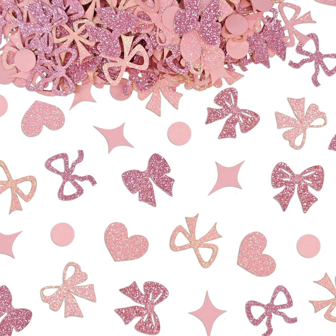 240 Pcs Pink Bow Confetti, Bow Theme Glitter Table Scatter for Coquette Baby Shower and Birthday Party Decoration (Pink)