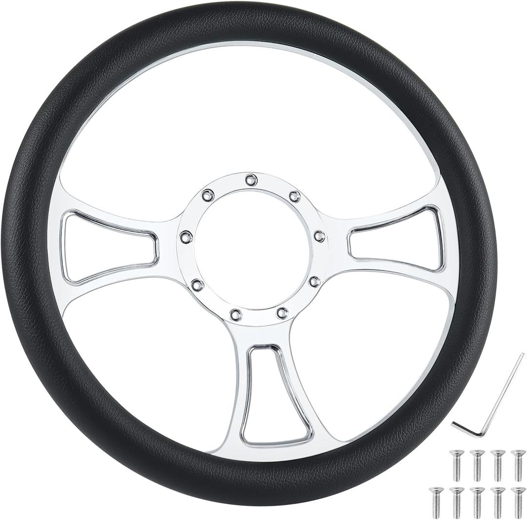 YHK 14 inch Universal 9 Hole Racing Steering Wheel Aluminum 3 Spokes Leather 9 Bolt Racing Steering Wheel Fit for Most 1967-94 GM Cars