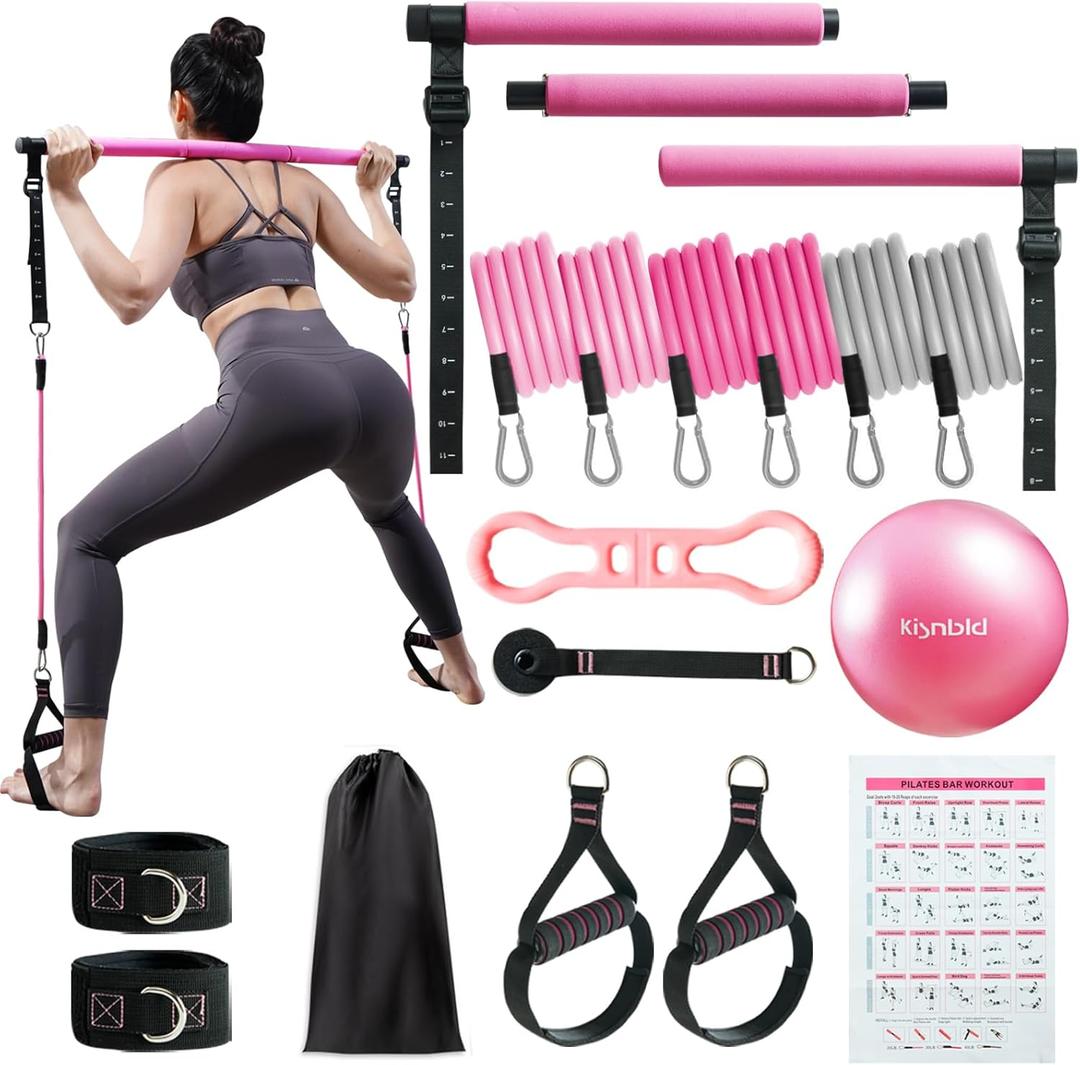 kisnbld Pilates Bar Kit with Resistance Bands, Multifunctional Pilates Bar with 3 Set Exercise Resistance Bands, Portable Pilates Equipment for Women Home Gym Yoga Workouts (Hot Pink)