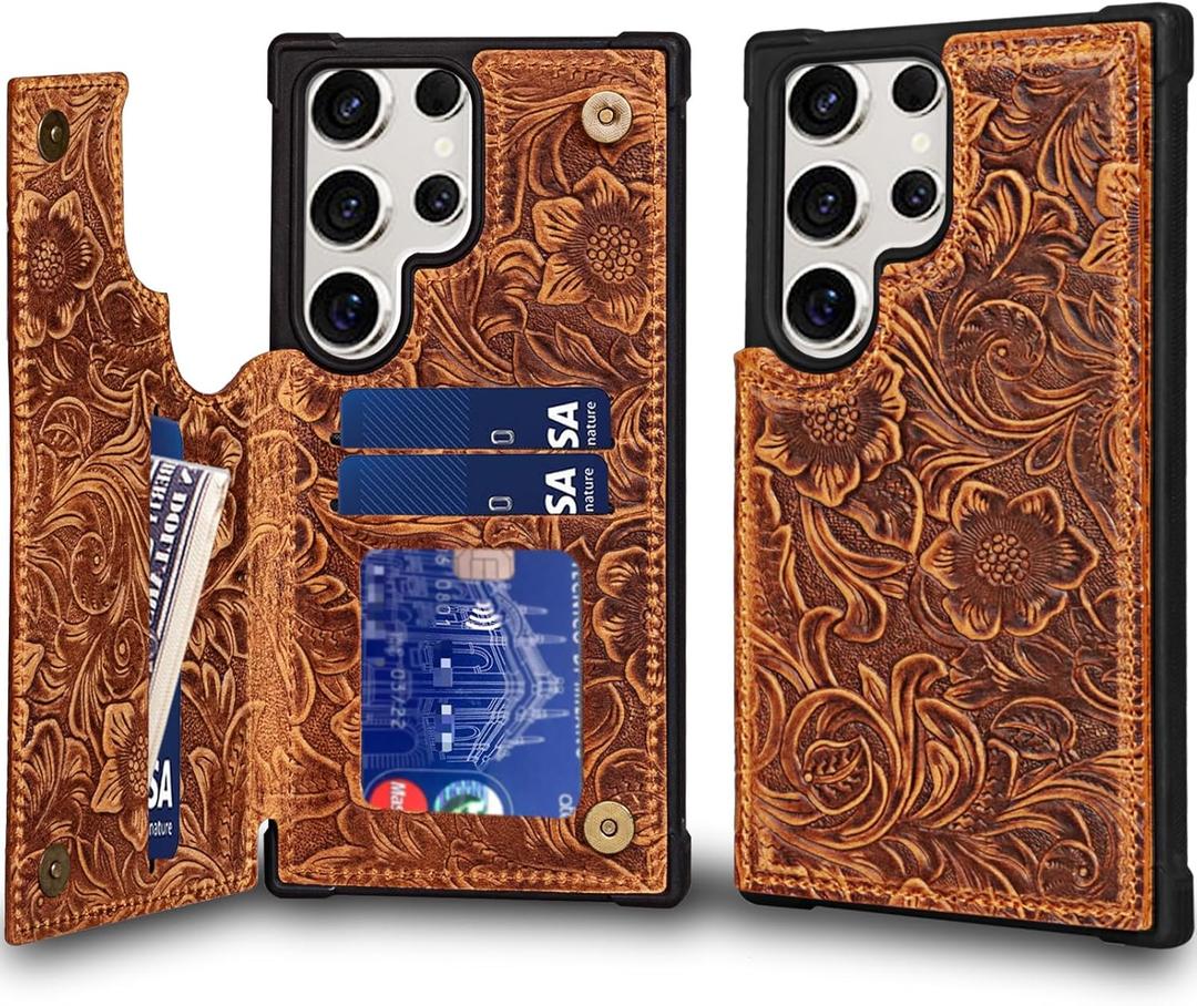 RMAWRAD Leather Case Compatible with Samsung Galaxy S24 Ultra Wallet 6.9",Genuine Leather Shockproof Anti-Fall Case, Flip Cover with Card Slot, Double Magnetic Buckle,Kickstand Durable Brown