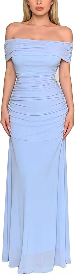 OYOANGLE Women's Off the Shoulder Maxi Dress Short Sleeve Elegant Ruched Party Wedding Guest Dresses, X-Large, Light Blue