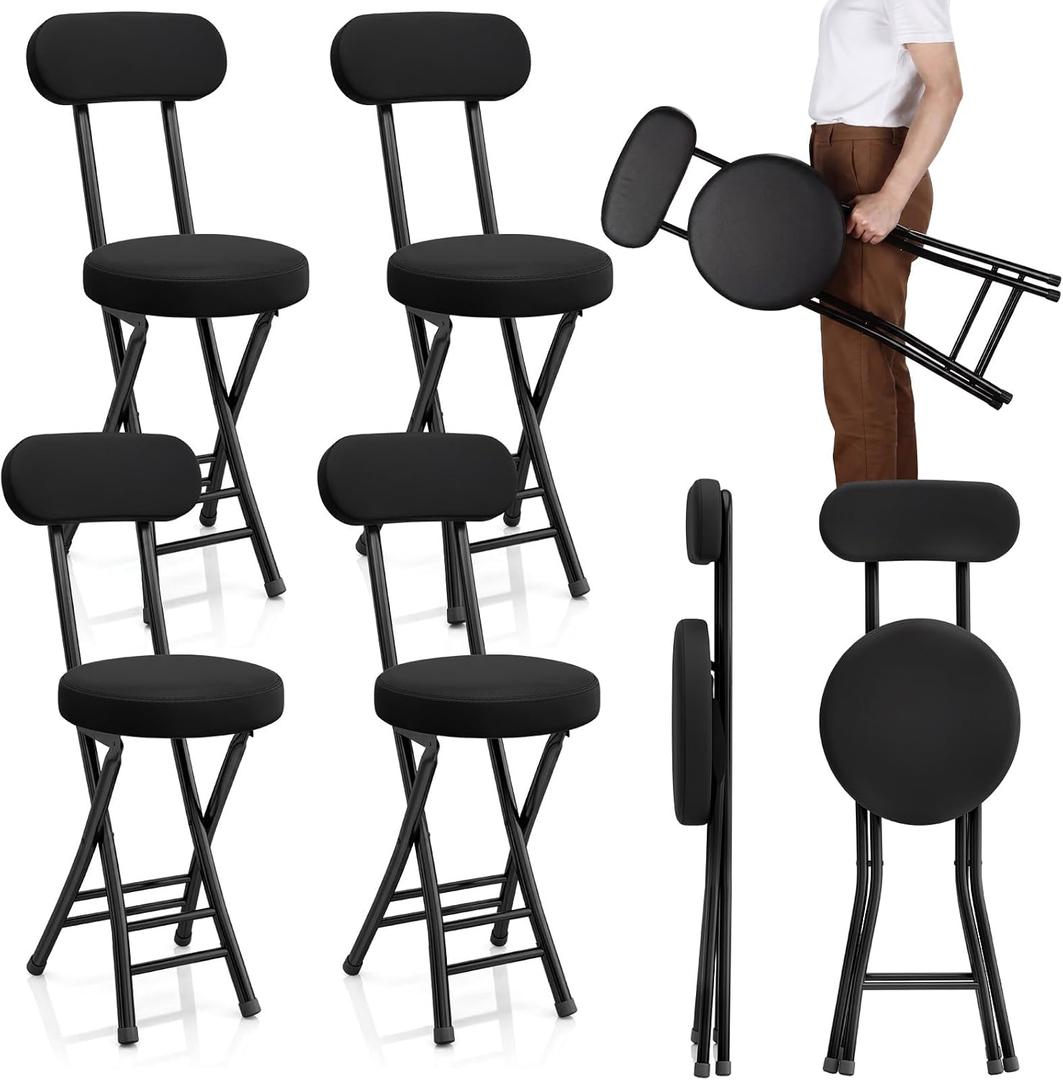 4 Pack Folding Bar Stool Cushioned Padded Folding Stool, 19 Inch Height Bar Stools with Backrest, Faux Leather Seat, Black Foldable Chair Support 220 LBS for Kitchen Room Hiking Camping Fish