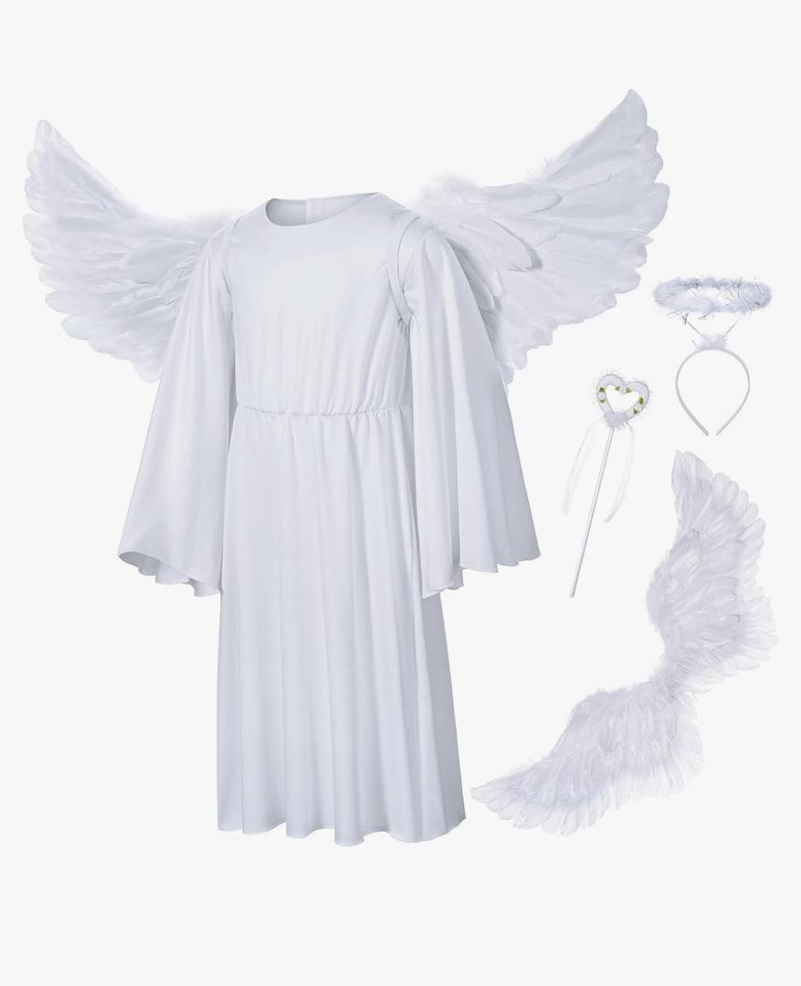 Irtysh Kids Angel Costume With Angel Feather Wings headband Wand Set For Girl's Halloween Birthday Cosplay Size S